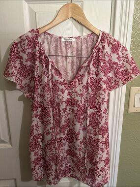 Simple White Blouse with Red Floral Print